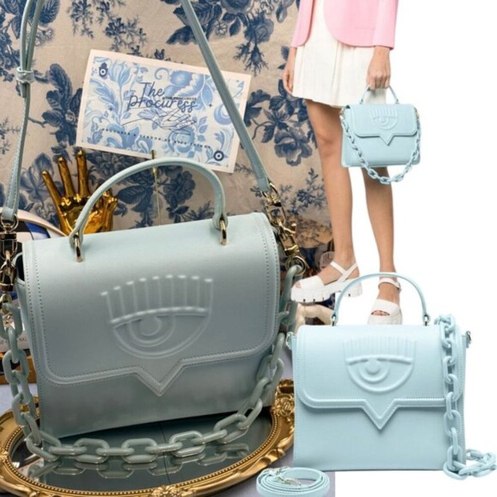 🆕 CHIARA FERRAGNI 🧿 NWOT Pale Blue Eyelike Tote Bag, Top Handle, Chain & Strap